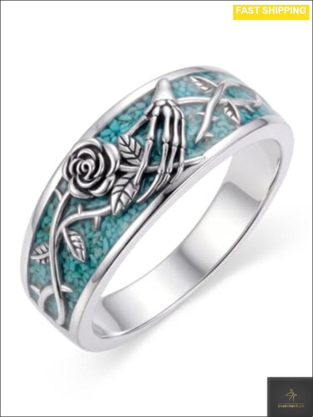 925 Sterling Silver Turquoise Skull Ring Gothic Western Band